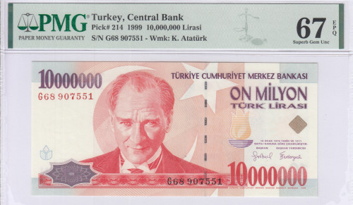 10.000.000 Lira 1999  G68 P214 PMG67 EPQ