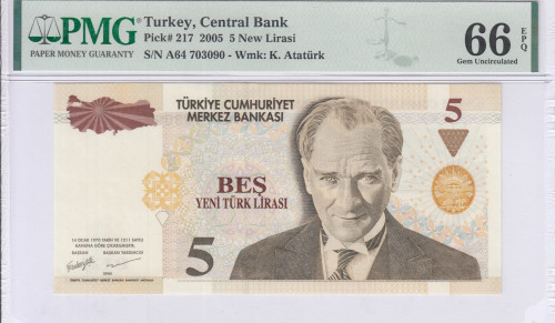 5 New Lira 2005 A64 P217 PMG66 EPQ