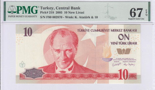 10 New Lira 2005 F80 P218 PMG67 EPQ