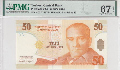 50 New Lira 2005 A01 P220 PMG67 EPQ
