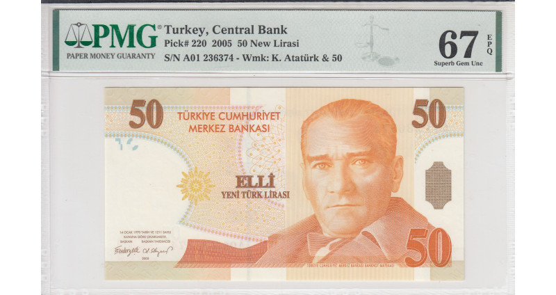 50 New Lira 2005 A01 P220 PMG67 EPQ