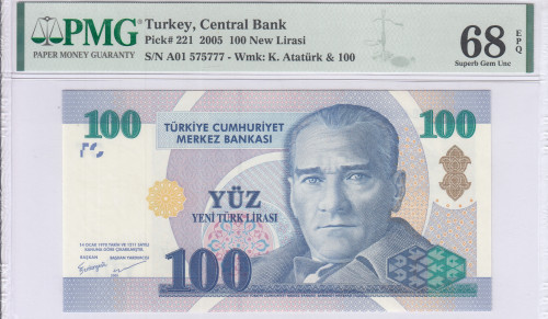 100 New Lira 2005 A01 P221 PMG68 EPQ
