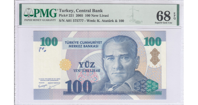 100 New Lira 2005 A01 P221 PMG68 EPQ