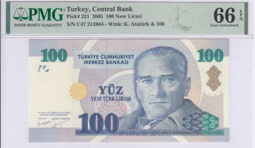 100 New Lira 2005 C47 P221 PMG66 EPQ