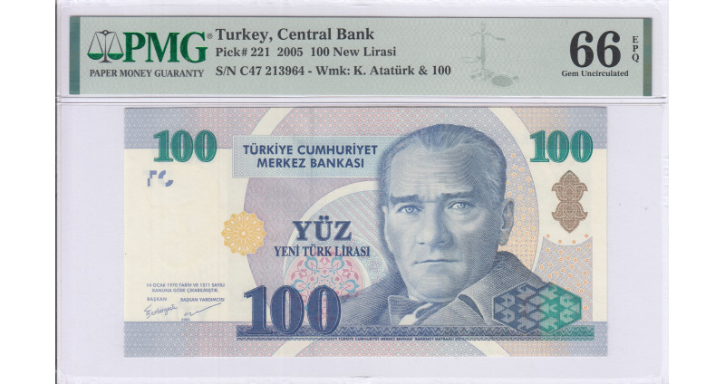 100 New Lira 2005 C47 P221 PMG66 EPQ