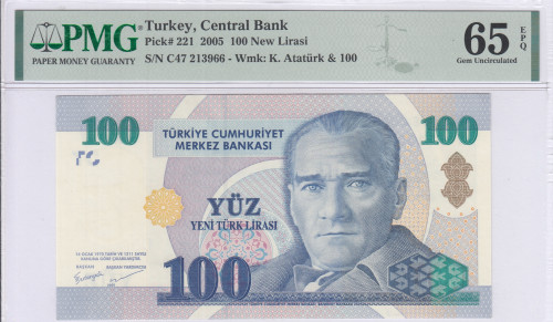 100 New Lira 2005 C47 P221 PMG65 EPQ