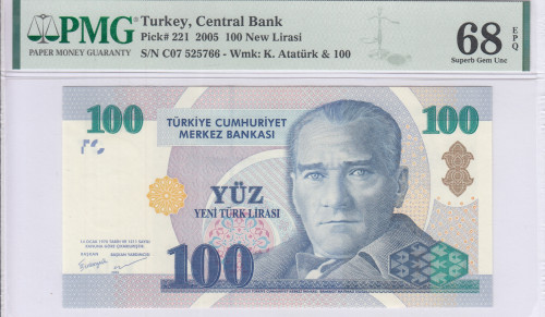 100 New Lira 2005 C07 P221 PMG68 EPQ