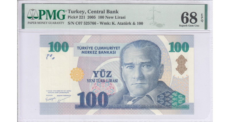 100 New Lira 2005 C07 P221 PMG68 EPQ