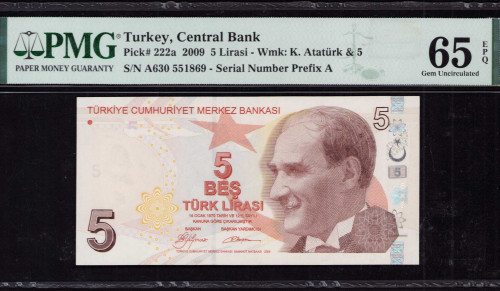 5 Lira 2009 A630 P222a PMG65 EPQ